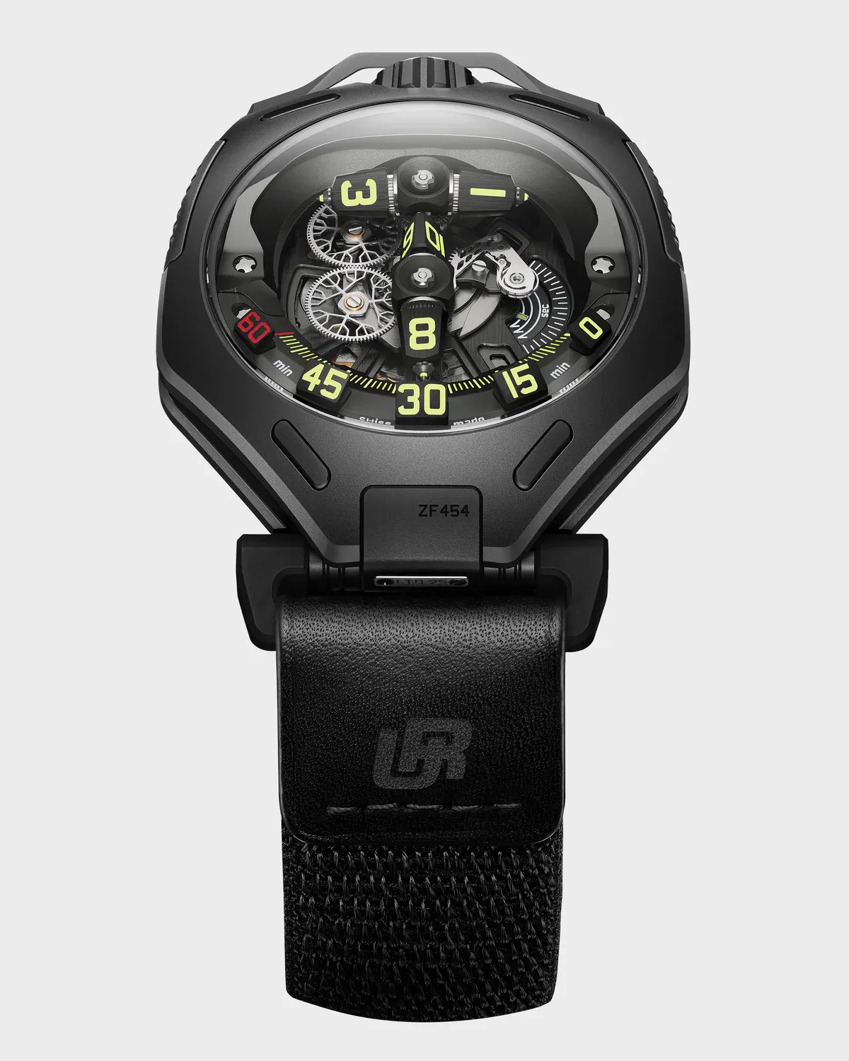 Front view of the URWERK UR-300 Time Quantum AlTiN model with the T-frame hour prisms and 108-degree minute arc