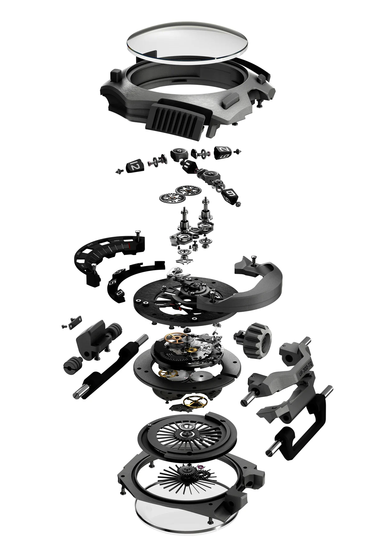 Exploded view of the URWERK UR-300 Time Quantum case and UR-30.01V movement components