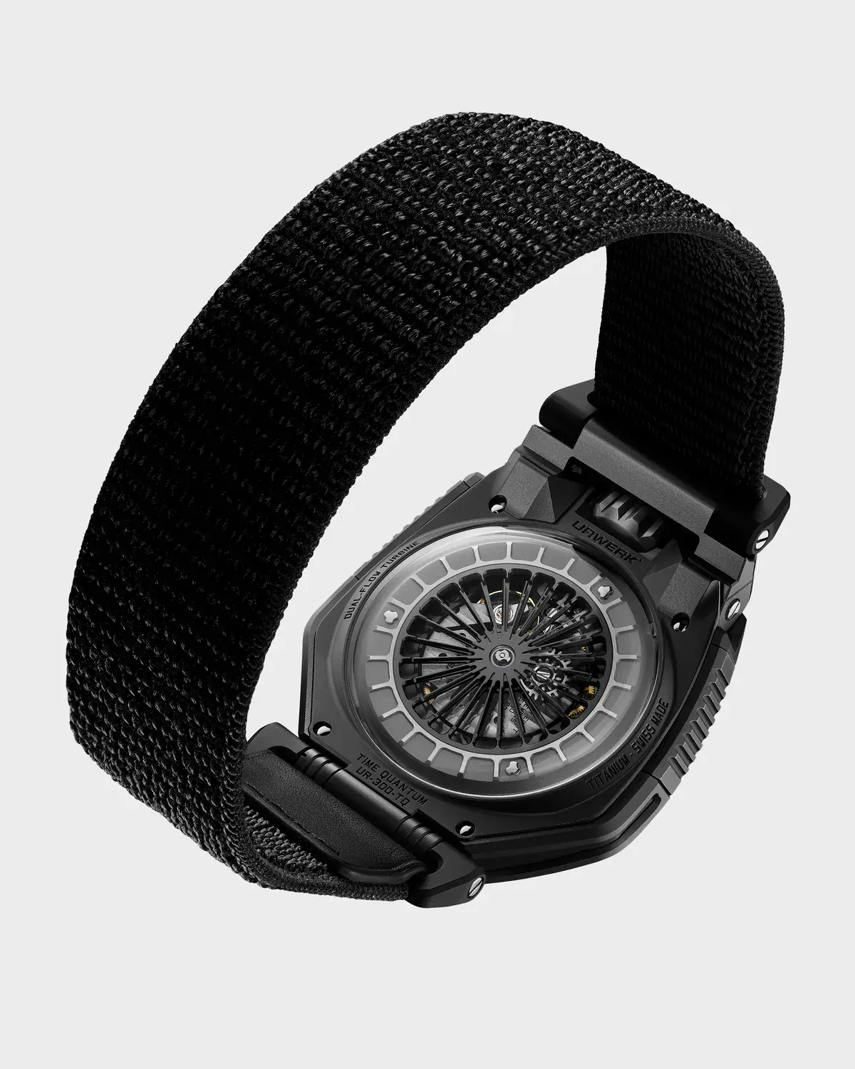Caseback of the URWERK UR-300 Time Quantum AlTiN model showing the movement through the sapphire crystal
