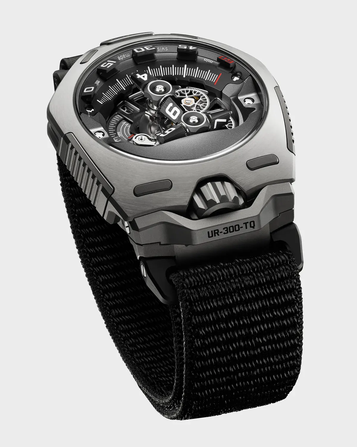 URWERK UR-300 Time Quantum titanium model in three-quarter view on a black NATO strap