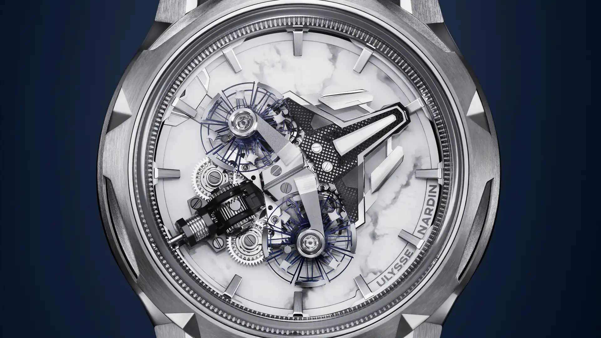 Ulysse Nardin Freak S Howlite dial-side view showing the white howlite hour disc with gray veining beneath the flying carousel