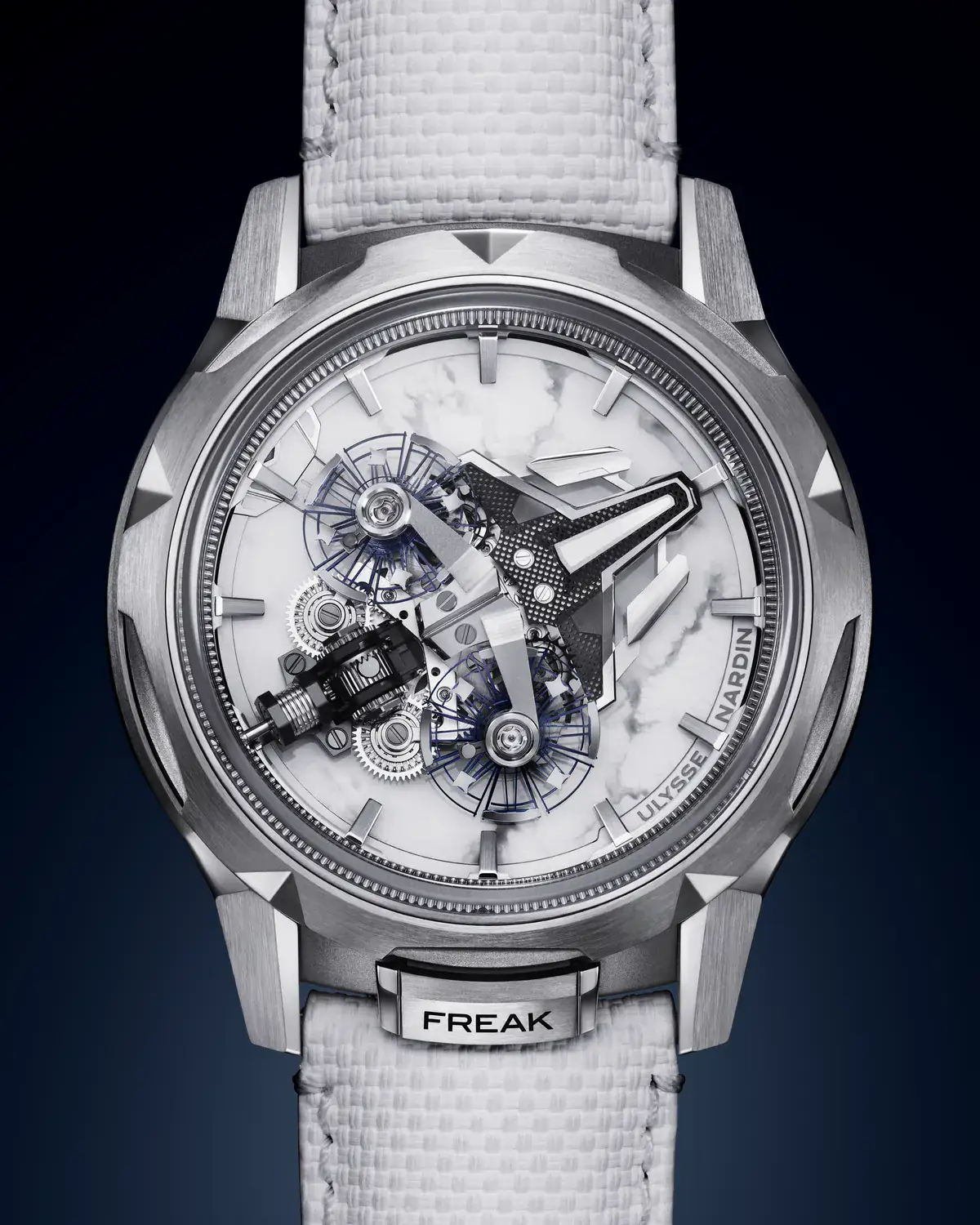 Ulysse Nardin Freak S Howlite front view in a 45mm gray titanium case on a white textured rubber strap