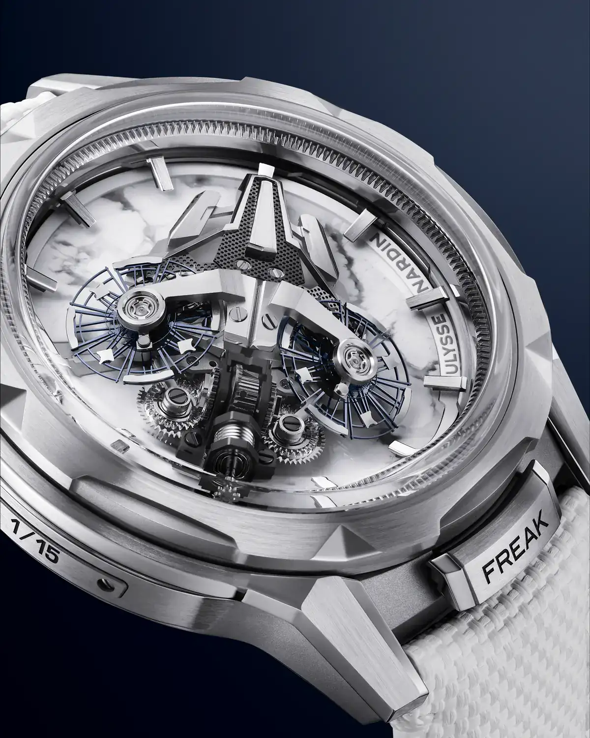 Close-up of the Ulysse Nardin Freak S Howlite showing two inclined silicon oscillators above the howlite hour disc