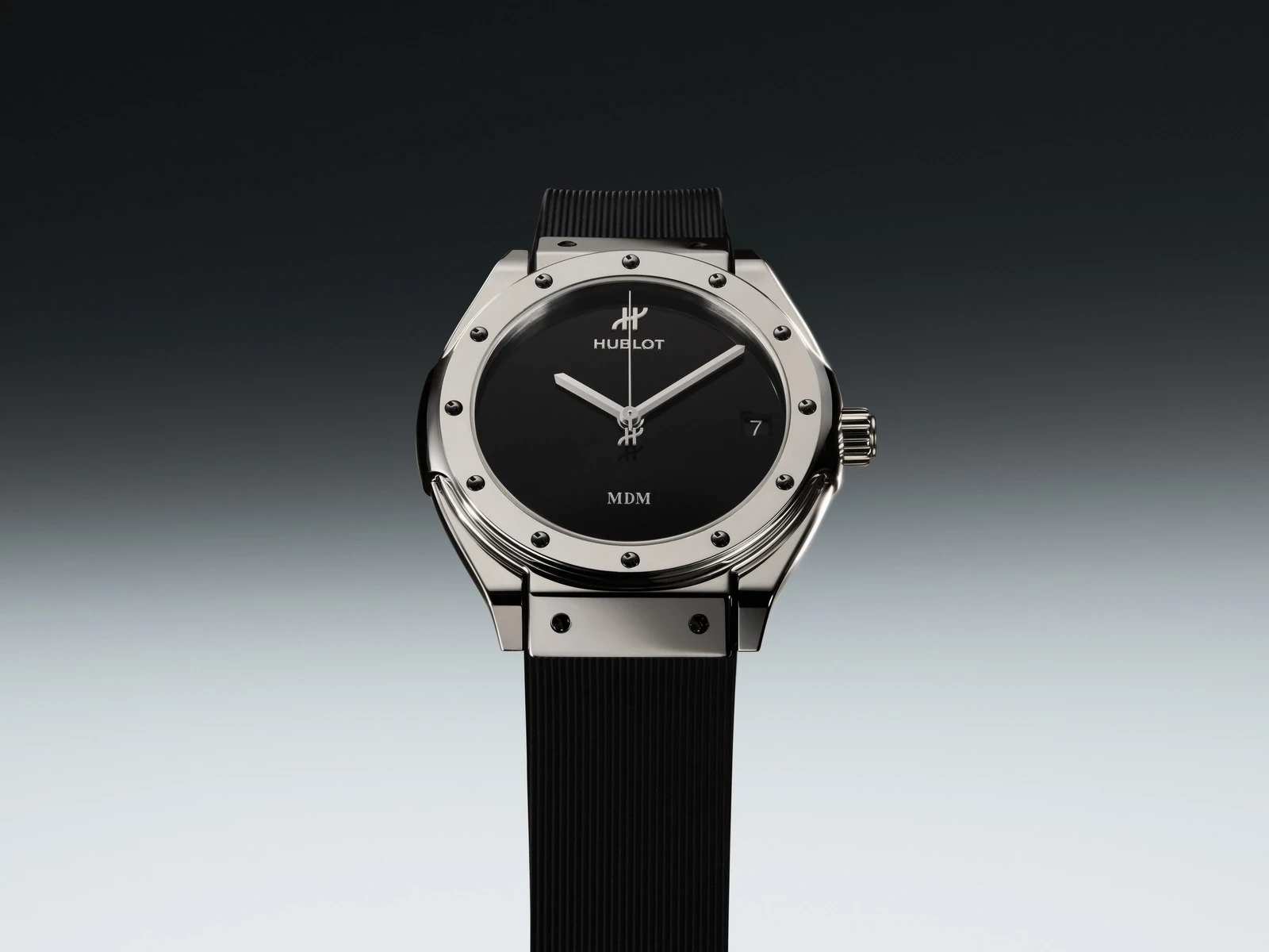 Hublot Classic Fusion Tributo in 18k white gold with polished black onyx dial and black bezel screws