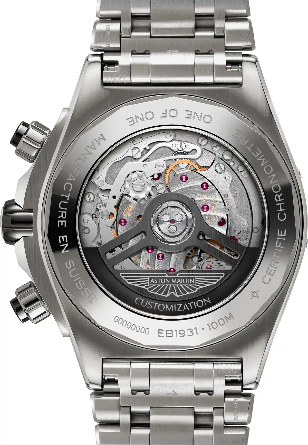 Sapphire display caseback of the Breitling Super Chronomat Aston Martin Valhalla B19 44 Perpetual Calendar Chronograph showing the Manufacture Caliber 19 and black rotor with personalized engraving