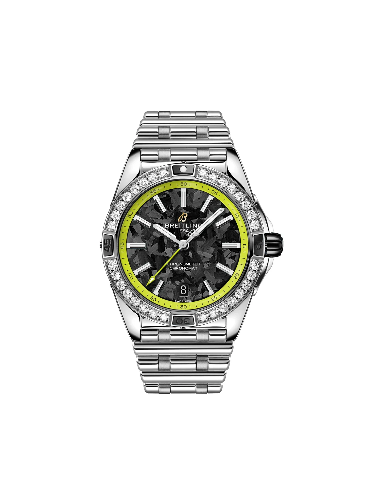 Breitling Super Chronomat Aston Martin Valhalla Automatic 38 in stainless steel with lab-grown diamond bezel, carbon-fiber dial and Lime Green rehaut on a Rouleaux bracelet