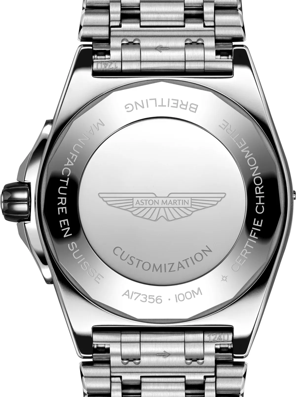 Steel caseback of the Breitling Super Chronomat Aston Martin Valhalla Automatic 38 with engraved Aston Martin logo and space for a personalized engraving