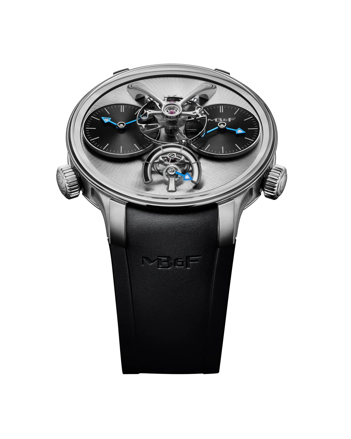 Front view of the titanium MB&F LM1 EVO with two independent time-zone subdials and inclined power reserve at 6 o'clock