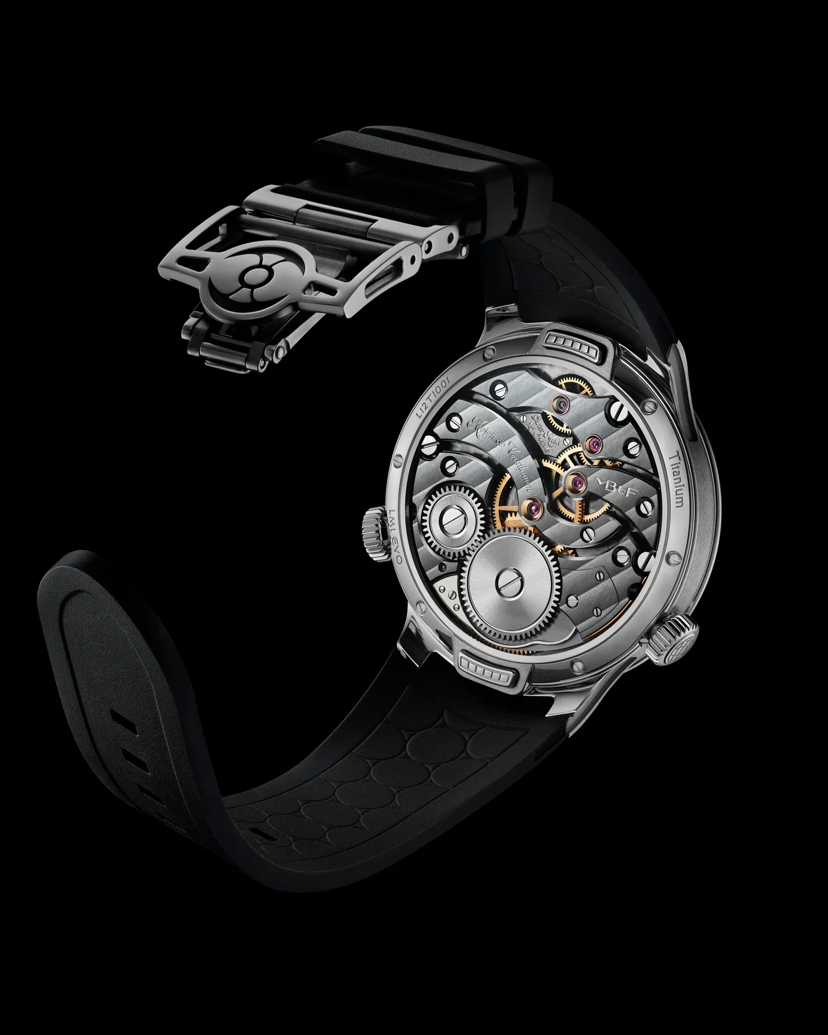 Caseback of the titanium MB&F LM1 EVO showing the hand-finished manual-winding movement