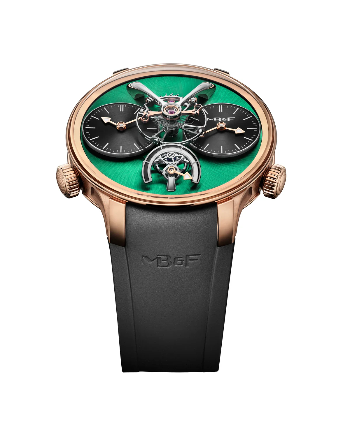 MB&F LM1 EVO in 5N+ rose gold with green dial plate, limited to 33 pieces