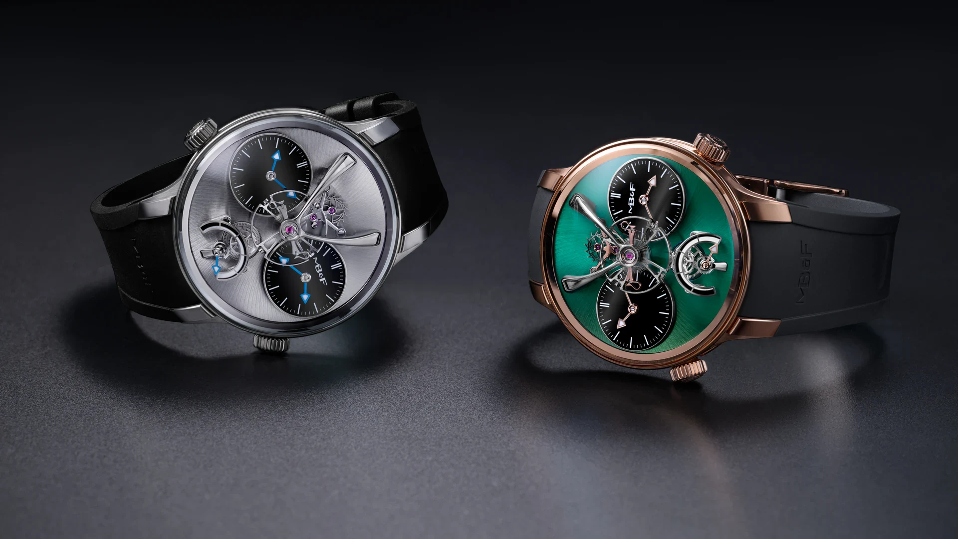 MB&F LM1 EVO in grade 5 titanium and 5N+ rose gold side by side on black rubber straps