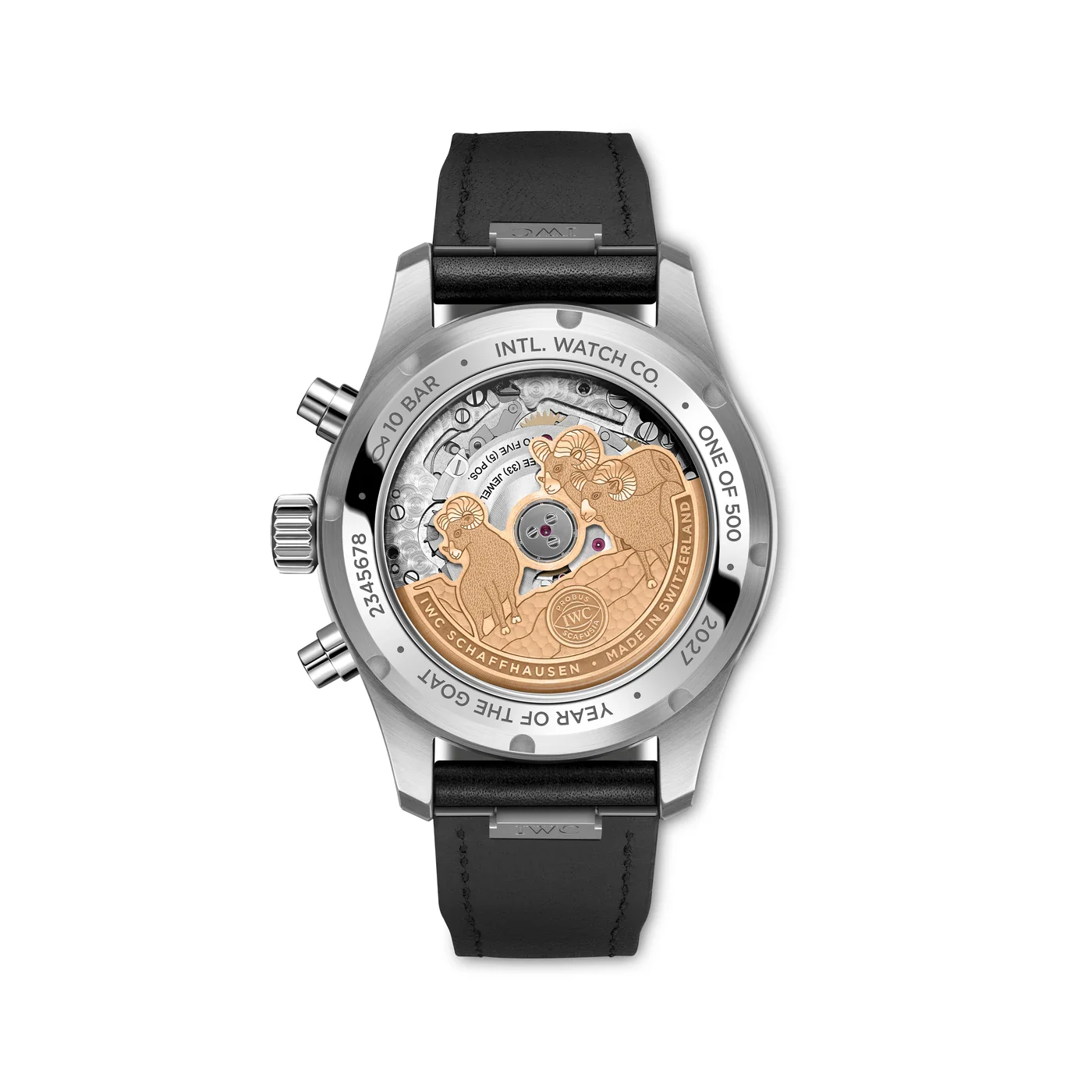 Caseback of the IWC Year of the Goat chronograph showing the gold-plated three-goat oscillating weight