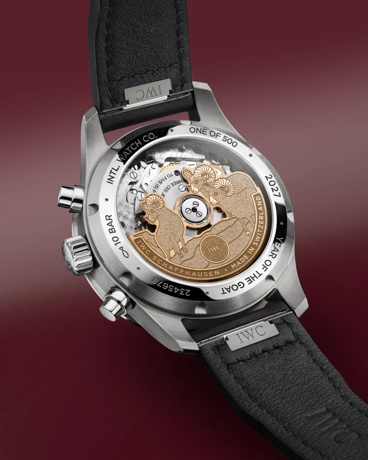 Angled caseback view of the IWC Year of the Goat chronograph with the 69385 caliber and three-goat rotor