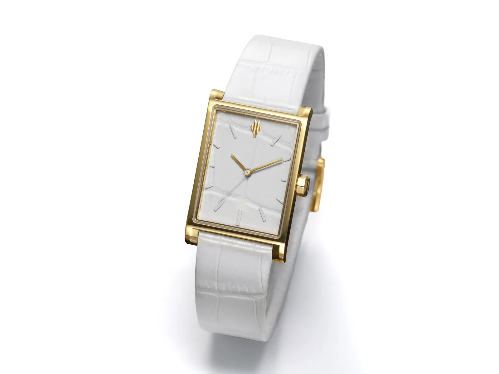 VIEREN Gold Croc in white crocodile-embossed leather, angled to show the gold PVD case, gold hands and 18k gold rehaut