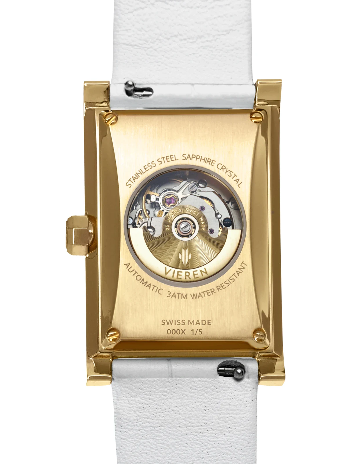 VIEREN Gold Croc exhibition caseback showing the Swiss ETA 2671 automatic movement and VIEREN rotor