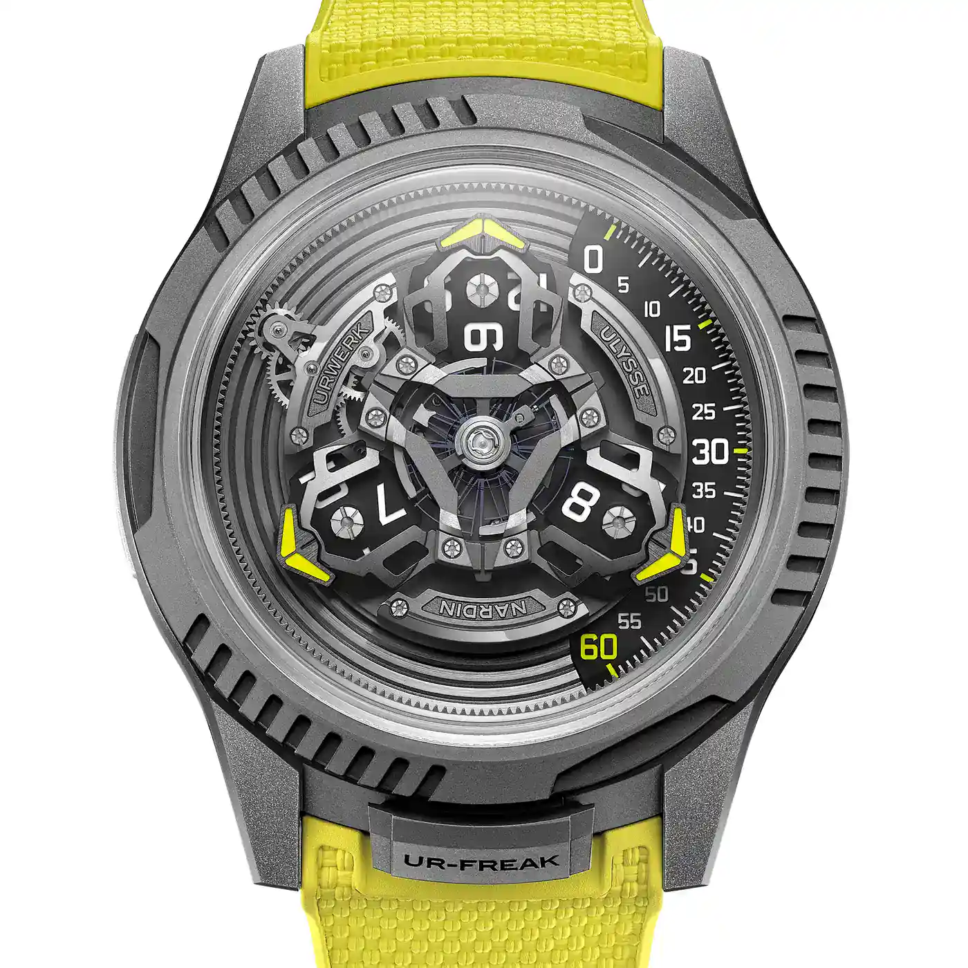 GPHG 2026 predictions: Ulysse Nardin x URWERK UR-FREAK in titanium with hour satellite carousel and yellow strap