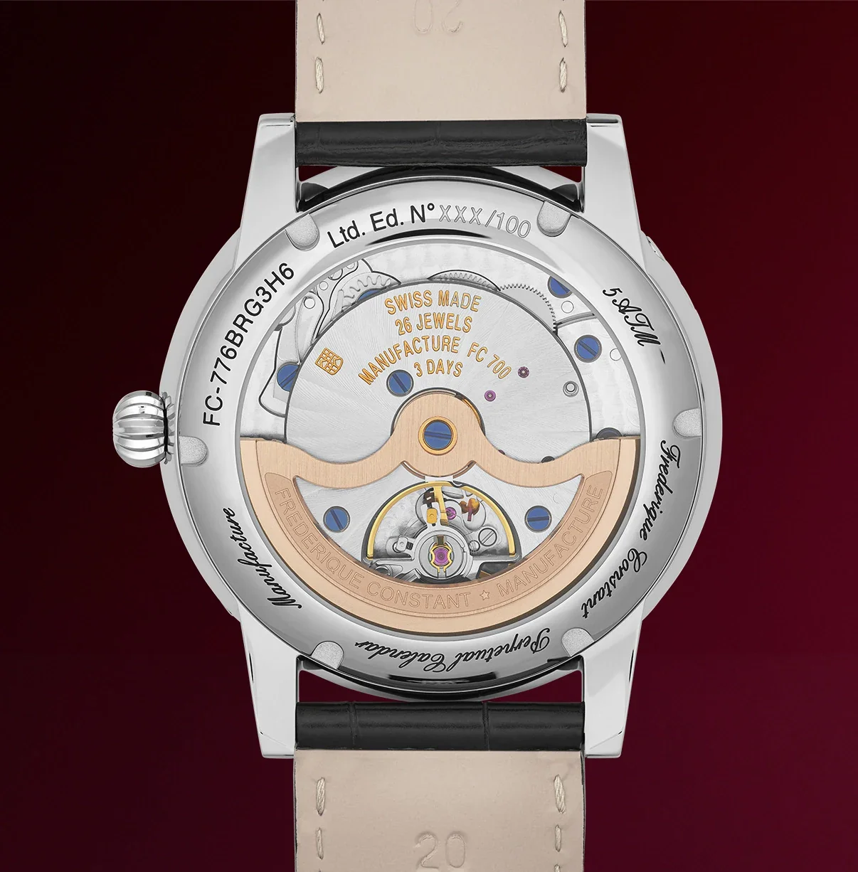FC-776 automatic calibre of the Frederique Constant perpetual calendar watch seen through the sapphire caseback