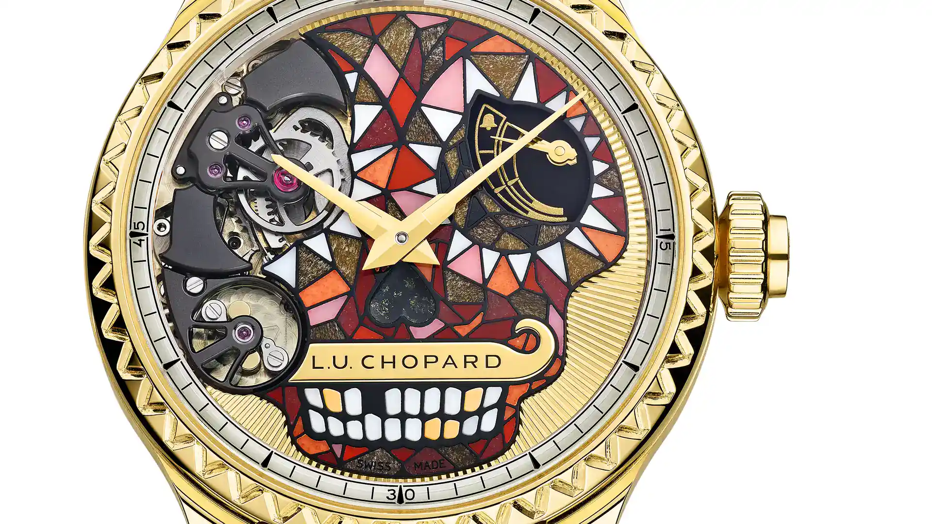 Chopard Día de los Muertos L.U.C Full Strike minute repeater, earlier one-of-a-kind edition with calavera marquetry dial in ethical yellow gold