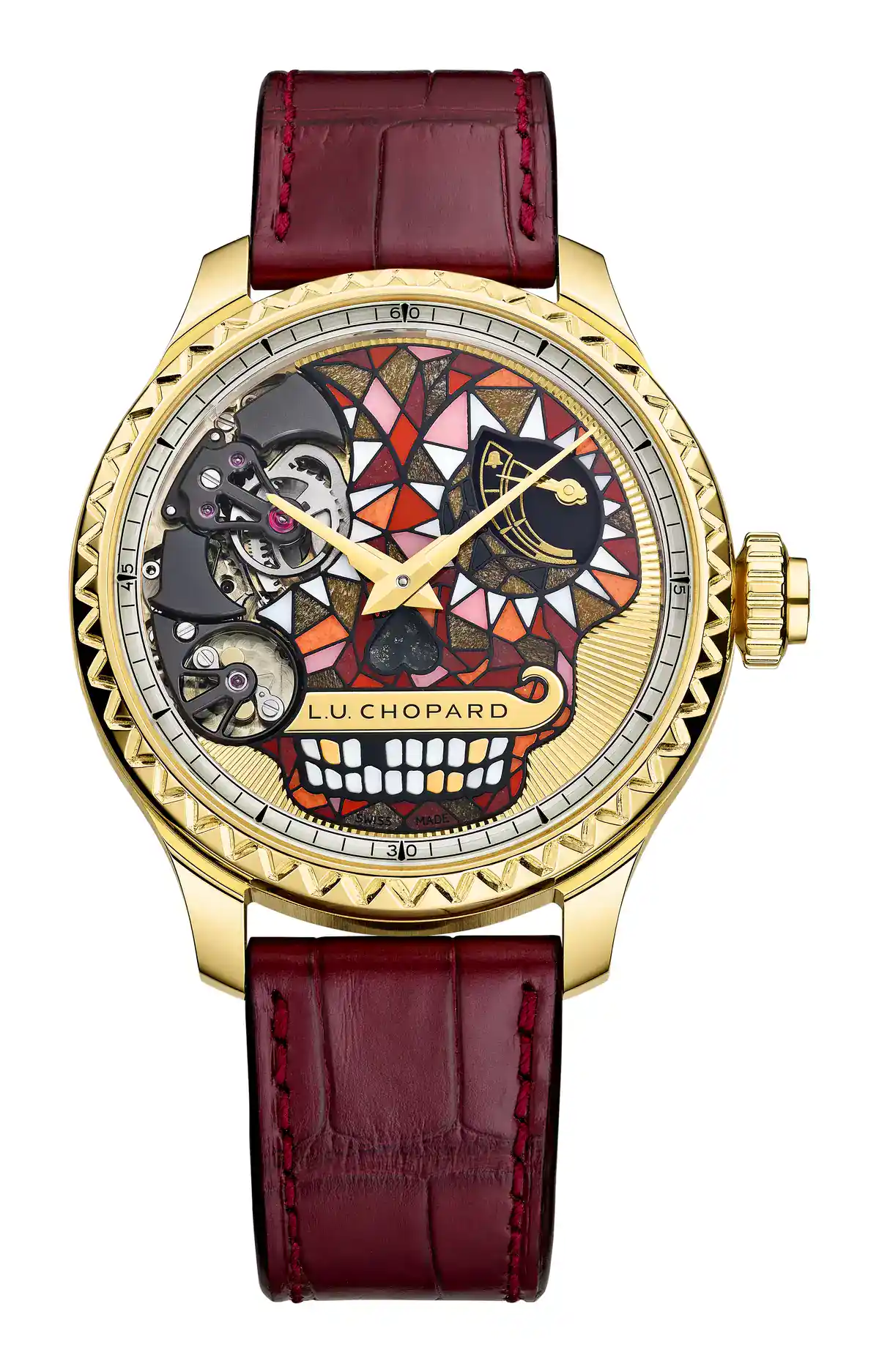 Chopard Día de los Muertos L.U.C Full Strike earlier edition with calavera dial in stone marquetry, hand-engraved bezel and red alligator strap