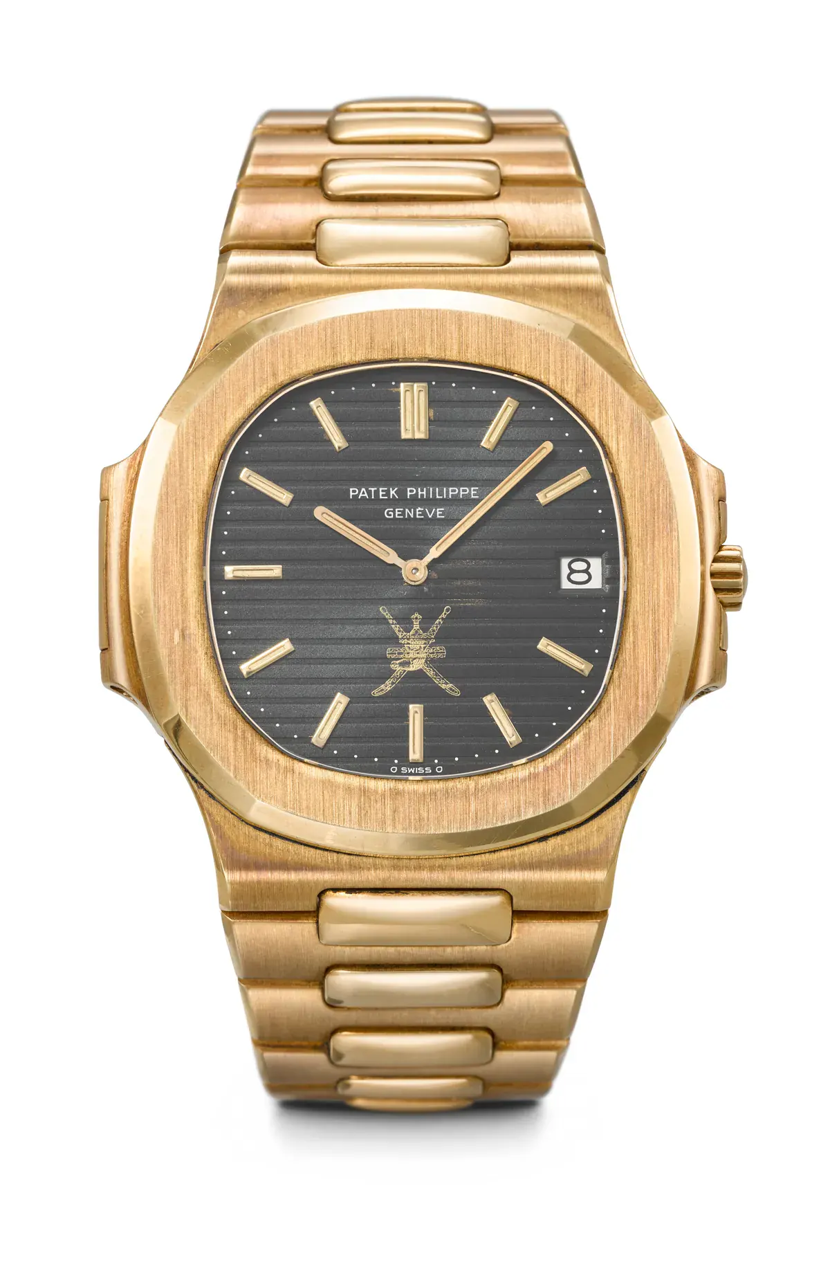 Yellow gold Patek Philippe Nautilus Ref. 3700/1 with the Khanjar emblem on its dial, made in 1978 for Sultan Qaboos bin Said al Said of Oman, at Christie's Geneva Rare Watches
