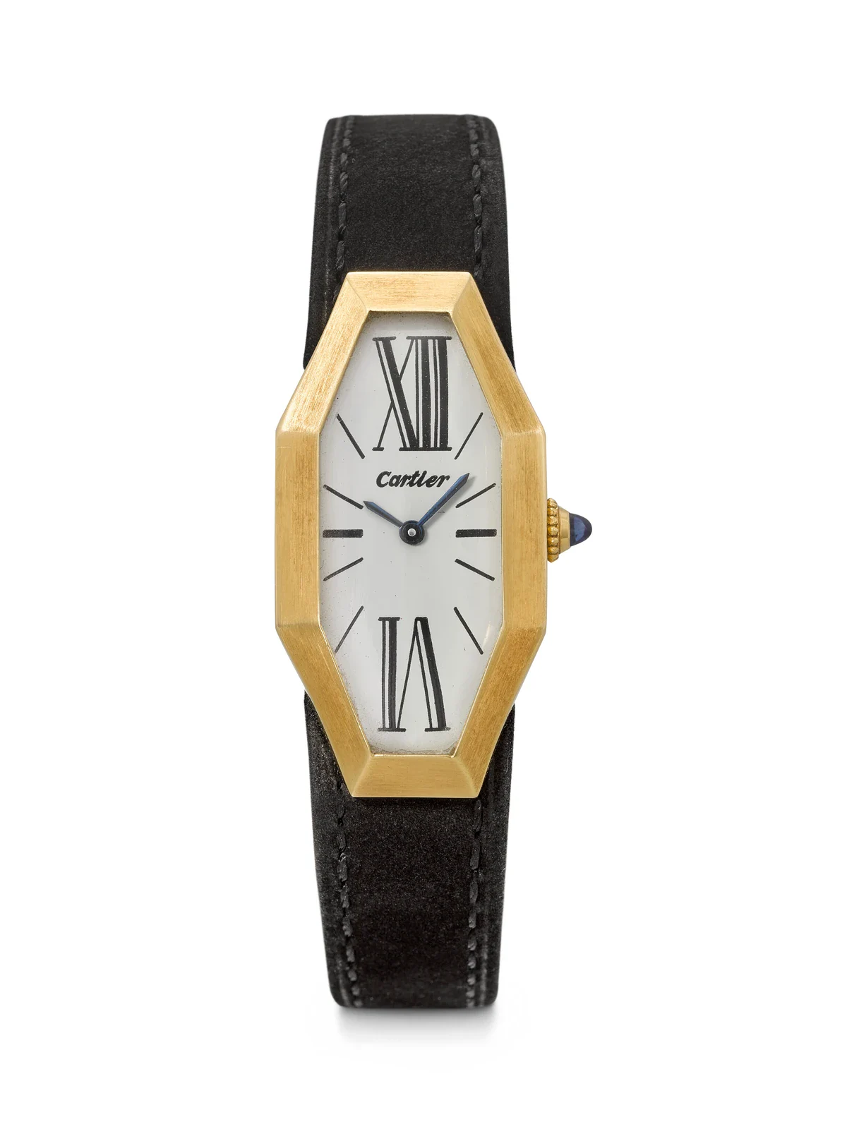Cartier London Octagonal Allongée from 1990 in yellow gold with an elongated eight-sided case and Roman numerals, at Christie's Geneva Rare Watches