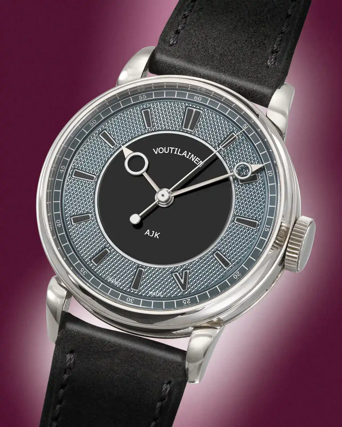 Voutilainen Vingt-8 SC unique piece in stainless steel with a guilloché and onyx dial and a Roman V at 5 o'clock, at Christie's Geneva Rare Watches