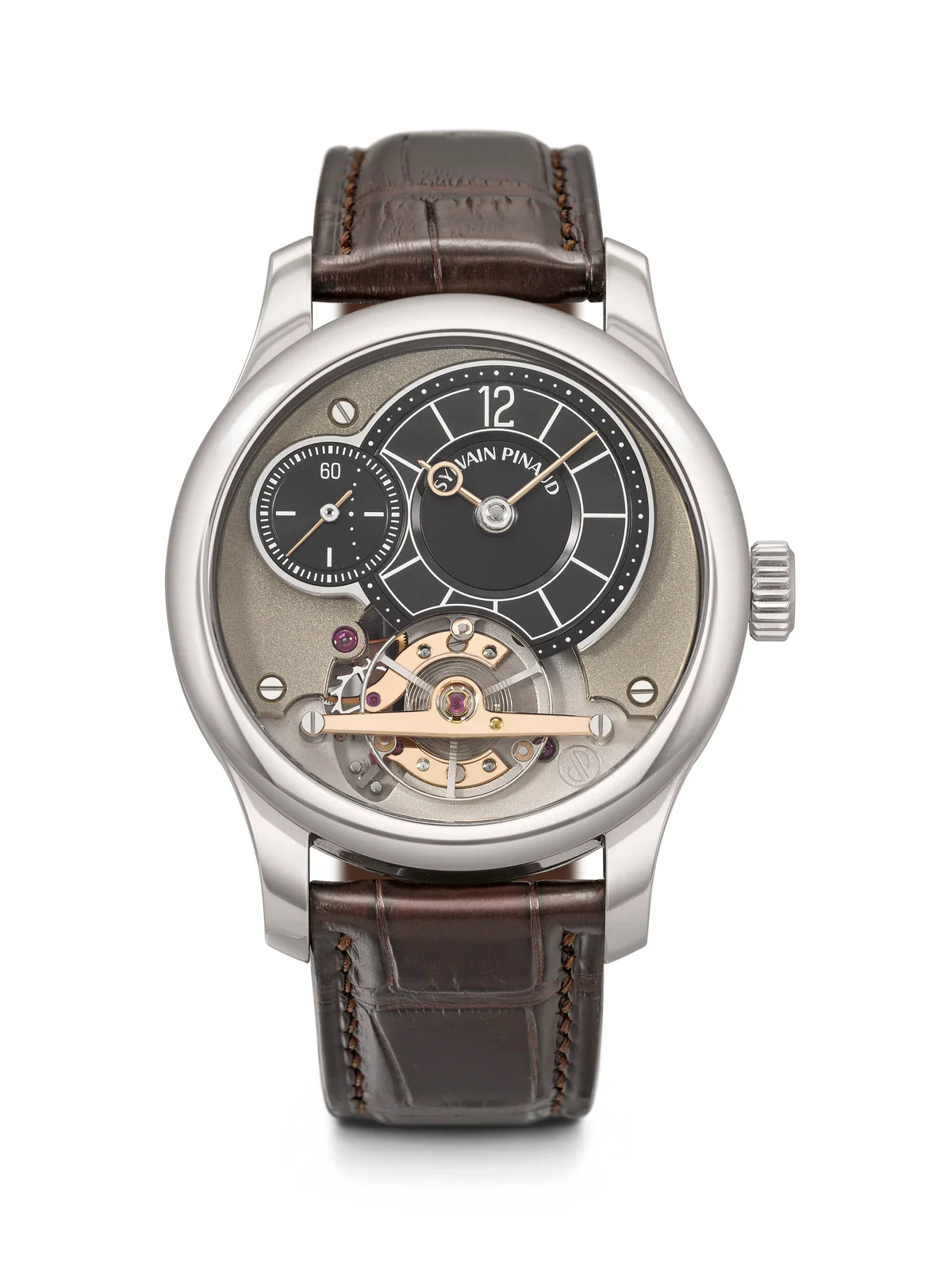 Sylvain Pinaud Origine unique piece in platinum with a black dial and pink gold hands and bridges, at Christie's Geneva Rare Watches