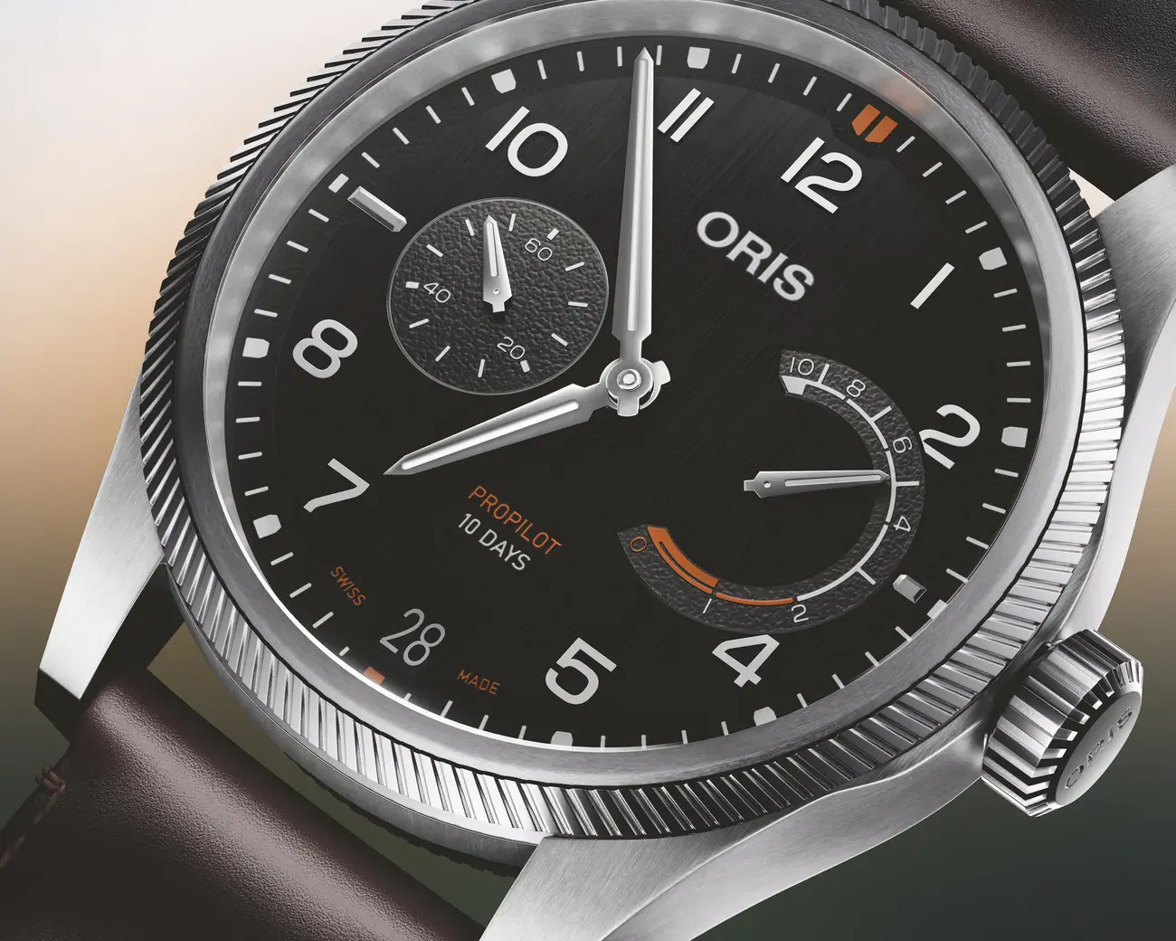Oris ProPilot Calibre 111 black dial close-up with non-linear power reserve