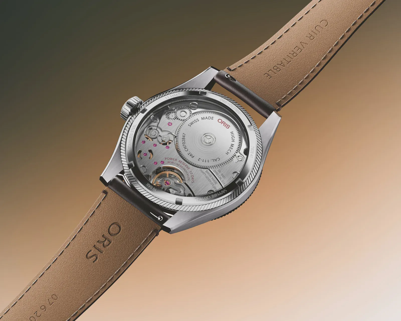 Oris ProPilot Calibre 111 caseback showing the hand-wound Calibre 111