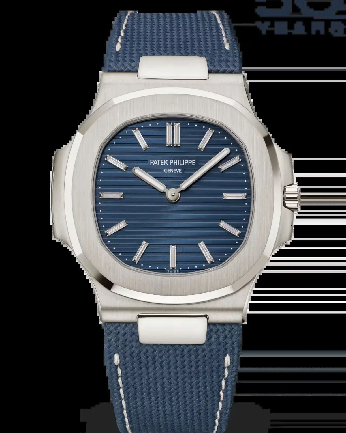 Front view of the Patek Philippe Nautilus Ref. 5810G-001 blue dial, a driver of luxury watch values