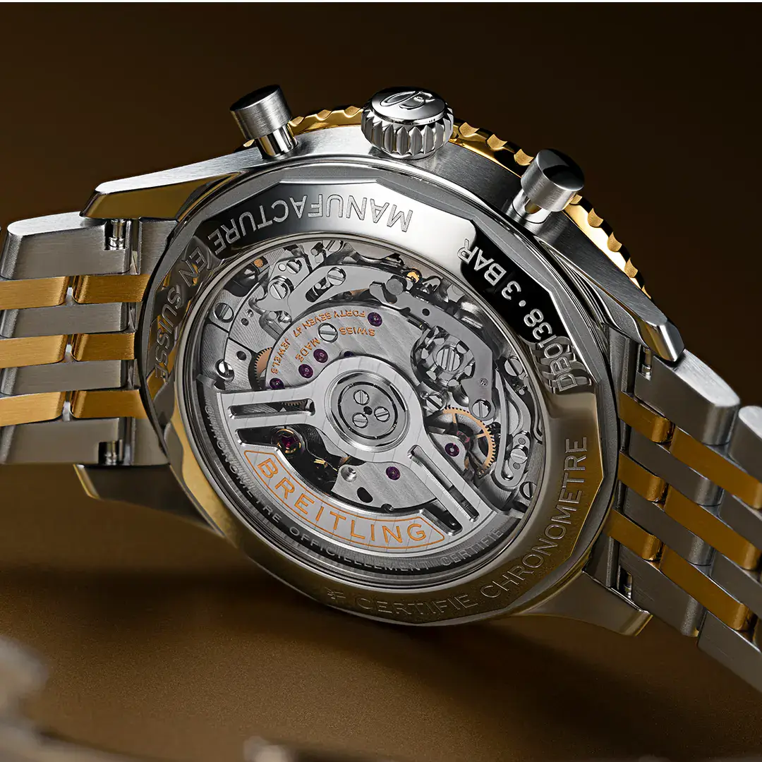 Breitling Navitimer Watches of Switzerland B01 Chronograph 43 caseback showing the Manufacture Caliber 01