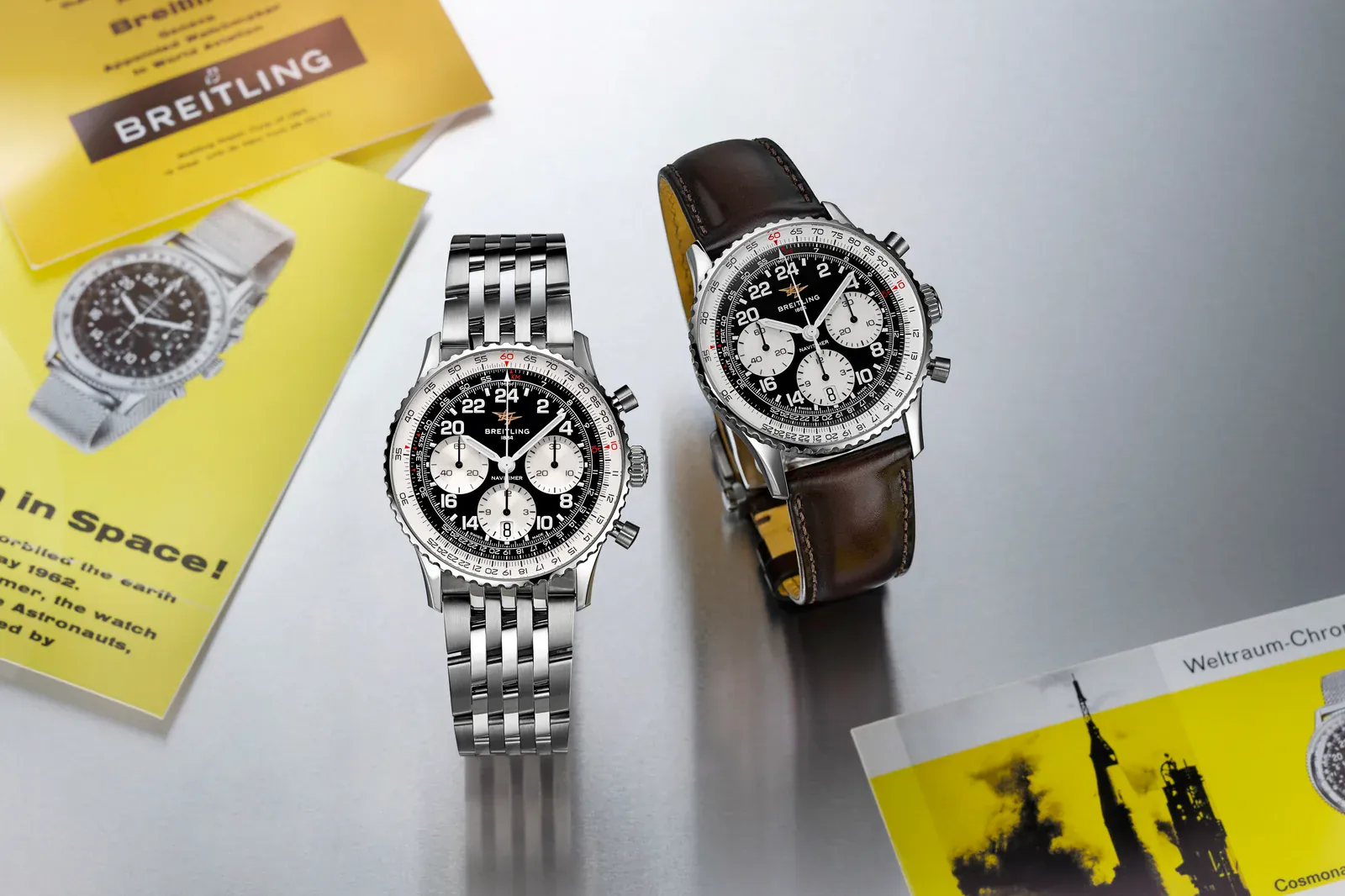 Breitling Navitimer B09 and B02 Cosmonaute release: the Cosmonaute Ref. AB0230211B1A1 on steel and Ref. AB0230211B1X1 on leather