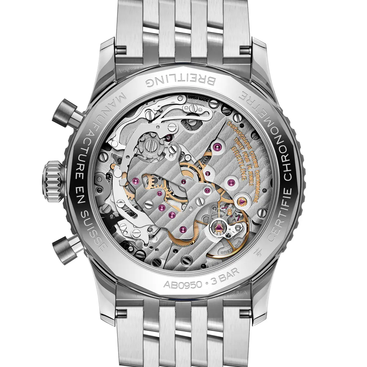 Breitling Navitimer B09 and B02 Cosmonaute: the hand-wound Manufacture Caliber B09 behind a sapphire caseback