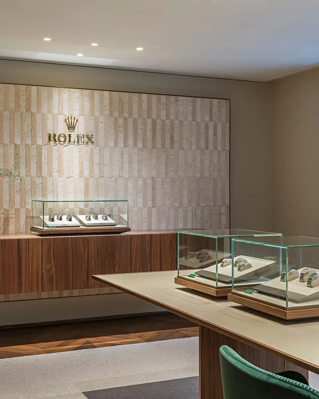 Rolex wall and watch display cases inside the Rolex boutique Paris flagship