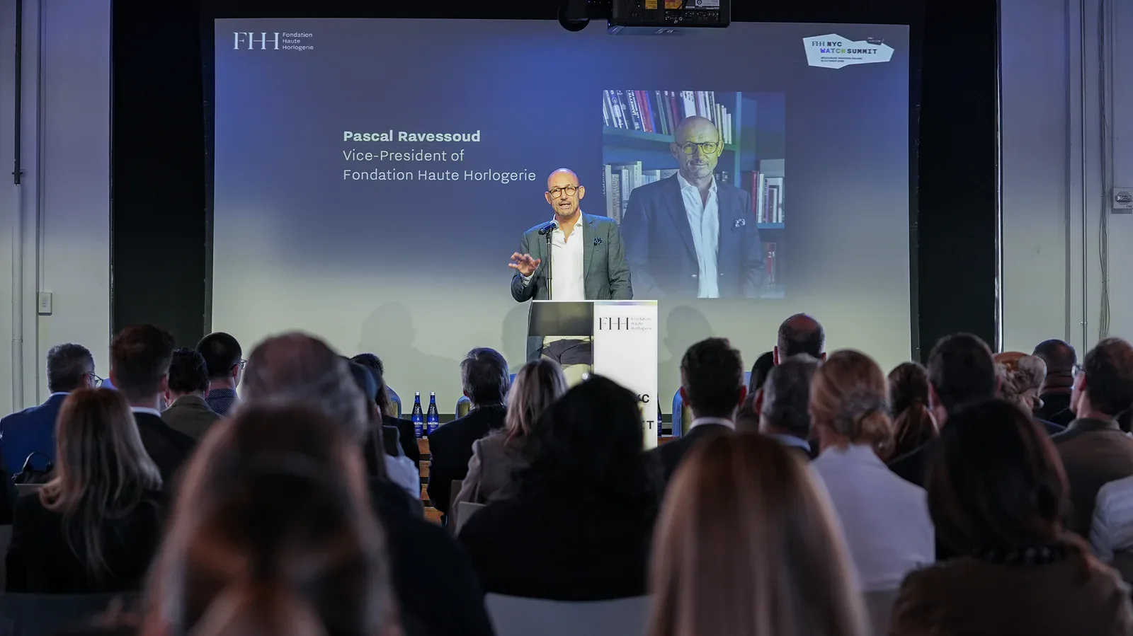Pascal Ravessoud, vice president of the Fondation Haute Horlogerie, speaking at the FHH Watch Summit in New York
