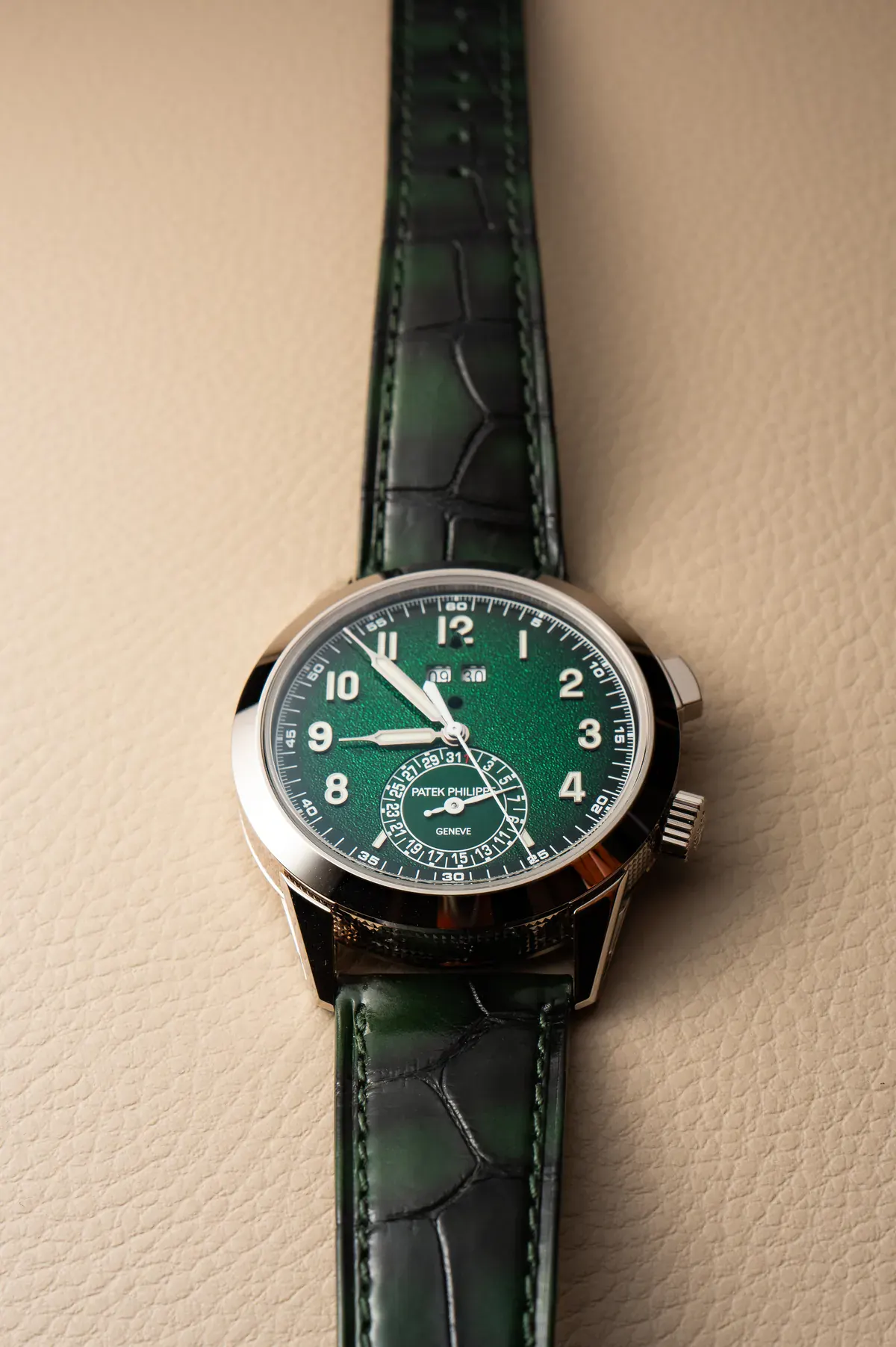 Patek Philippe 5322G-010 green dial chiming alarm on green alligator strap