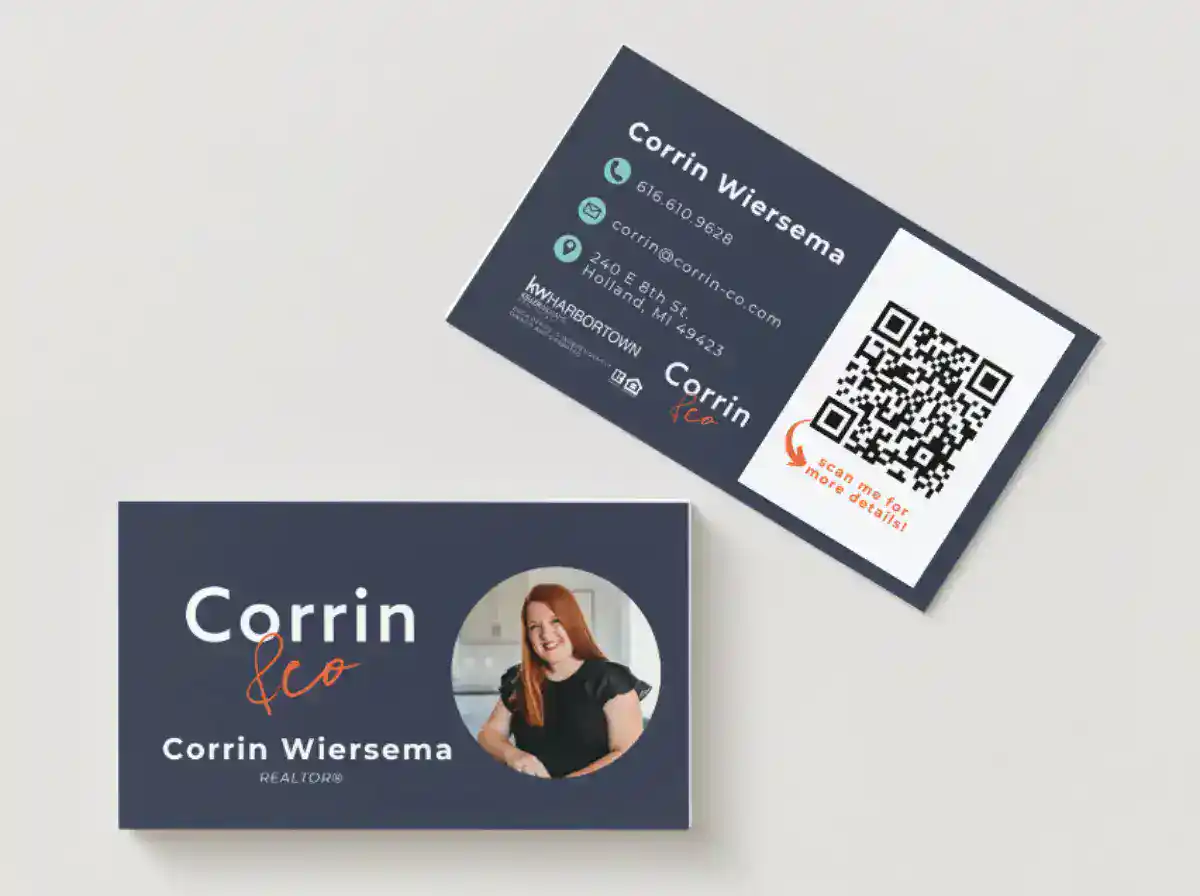 Business card featuring Corrin Wiersema's contact info and QR code.
