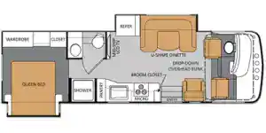 RV floor plan with queen bed, kitchen, and bathroom for comfortable travel. Perfect for family trips.