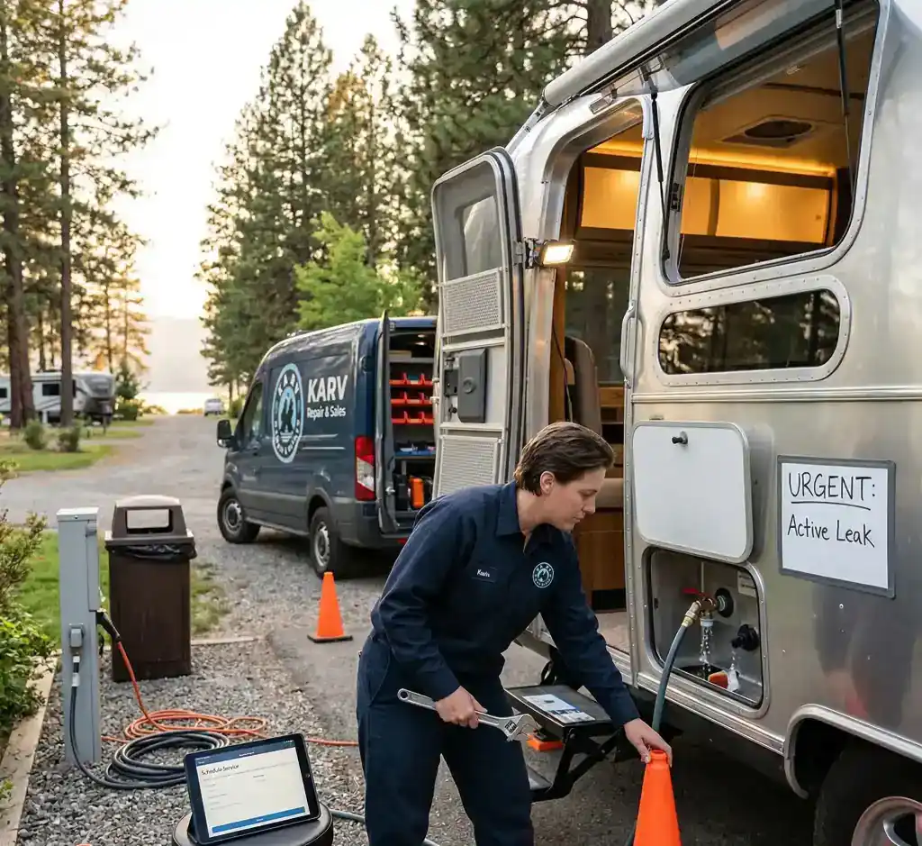 RV leak diagnosis technician using electronic tools outside a campervan.