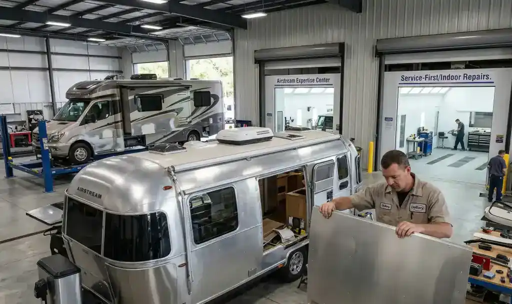 Airstream RV being repaired at our Debary, FL location by expert technicians.