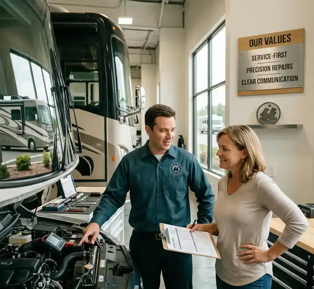 Professional RV repair technician assisting a customer at KA RV Repair in Debary FL.