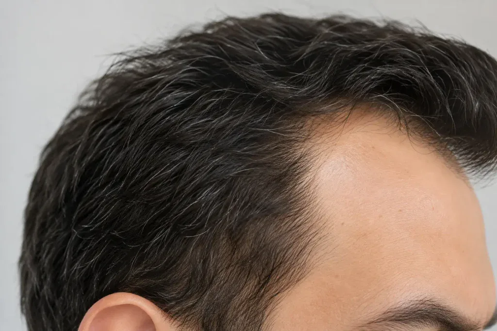 Mans forehead view early signs of seceding hair