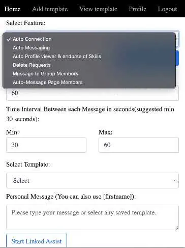 Screenshot of the Linked Assist LinkedIn automation tool user interface. The image highlights the feature selection options, showcasing its intuitive and user-friendly design. The interface is clean, with clearly labeled buttons and menus, demonstrating how simple and easy it is to use the tool for automating LinkedIn tasks.