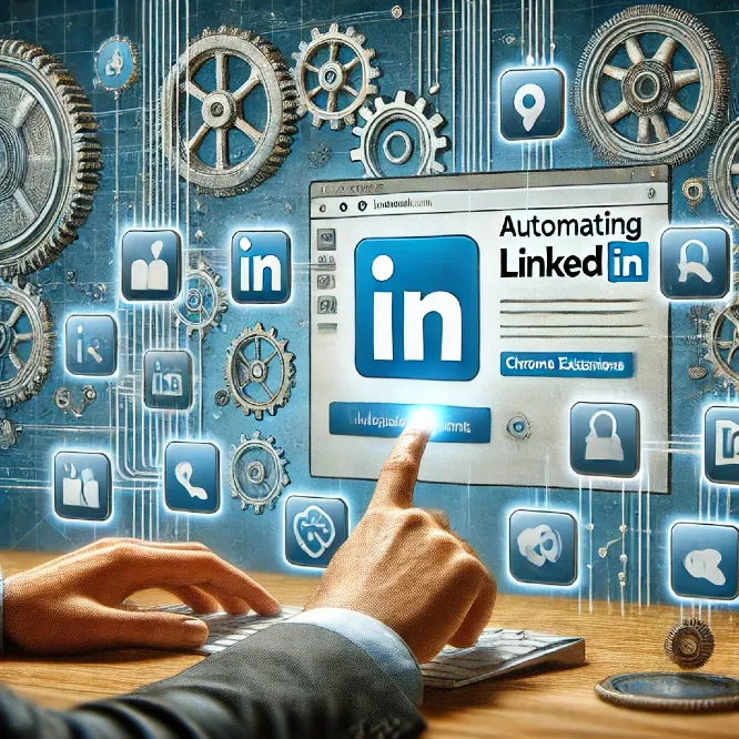 An image depicting the automation of LinkedIn using Chrome extensions. A computer screen displays the LinkedIn website with various Chrome extension icons highlighted. A person's hand is seen interacting with a computer mouse, indicating active engagement with the tools. The background includes elements representing automation, such as gears and robotic arms, blending seamlessly with the LinkedIn interface. The color scheme is professional, with blues and whites matching LinkedIn's branding.