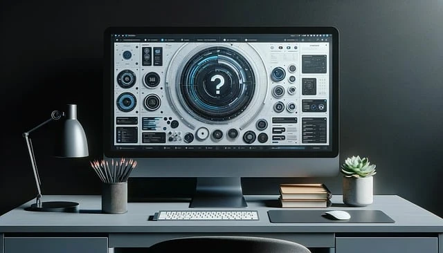 Slider image of a sleek modern computer workstation with audio editing software on screen, surrounded by minimalistic decor and plants, ideal for content creators or audio engineers.