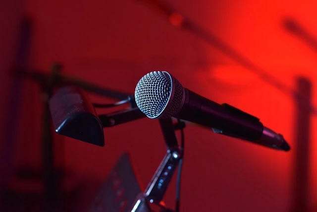 Microphone on a stand with a red background, suitable for podcasts or live performances.