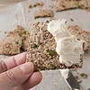 Hand holding a homemade seed cracker topped with fresh goat cheese