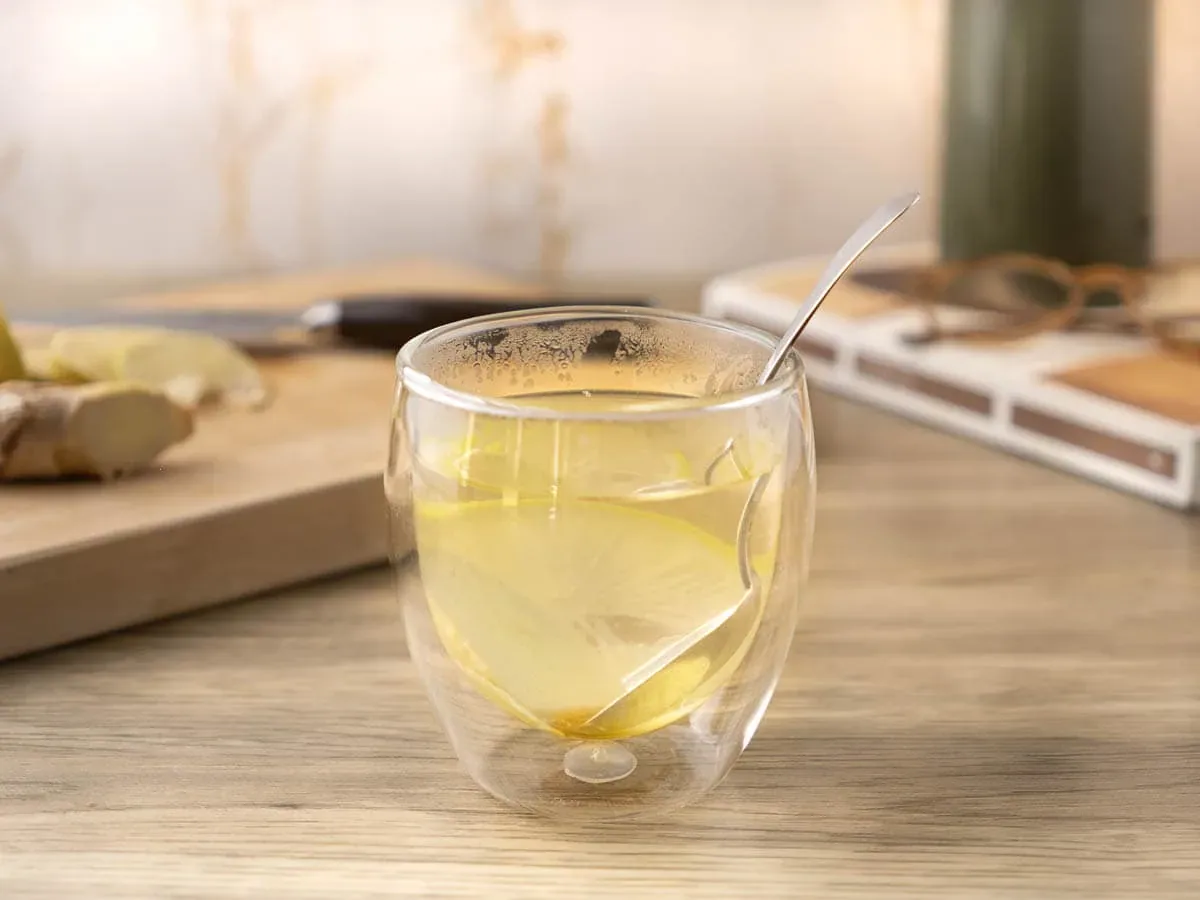 Infusion gingembre citron dans un verre à double paroi, avec une rondelle de citron et une cuillère