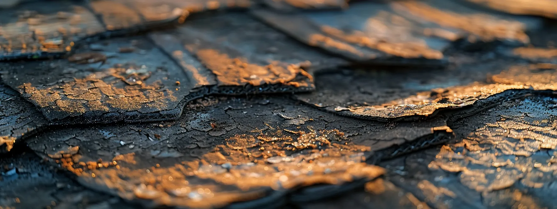 a close-up of weathered and curled shingles on a roof, illuminated by soft afternoon light, capturing the intricate textures of the damage as a focused contractor inspects the area nearby.