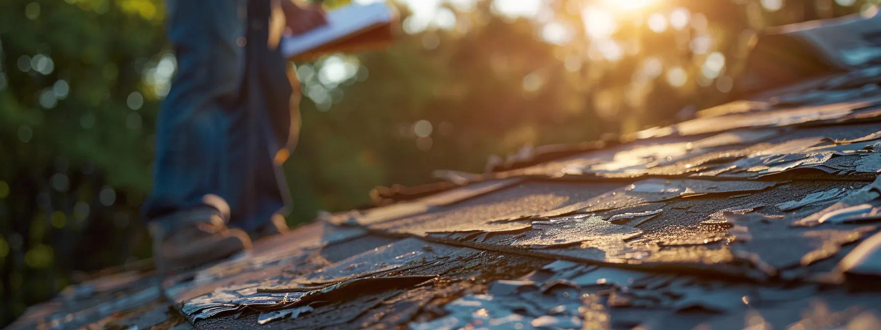 a close-up of weathered and curled shingles on an old roof, illuminated by soft afternoon light, while a diligent contractor surveys the damage with a clipboard in a focused stance.